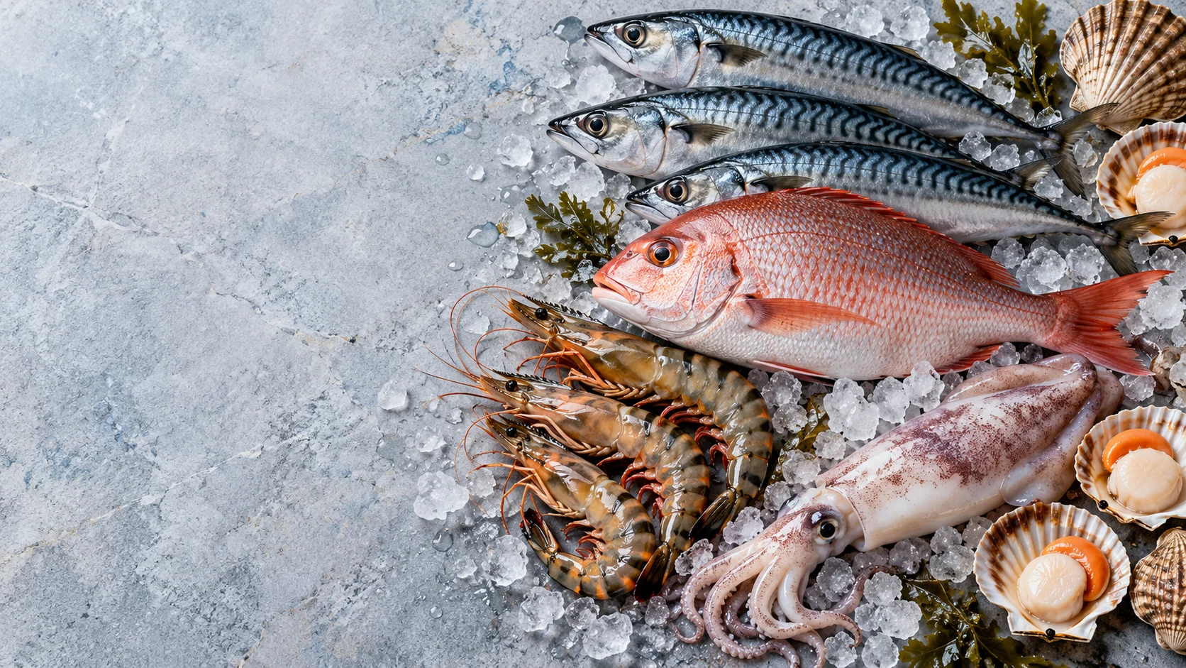 Illustrative arrangement of seafood on ice